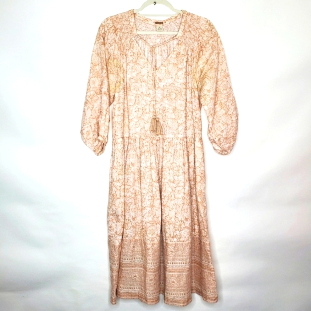 Magaschoni LINEN Floral Print Midi Dress with Pockets Size M Puff Sleeve Boho